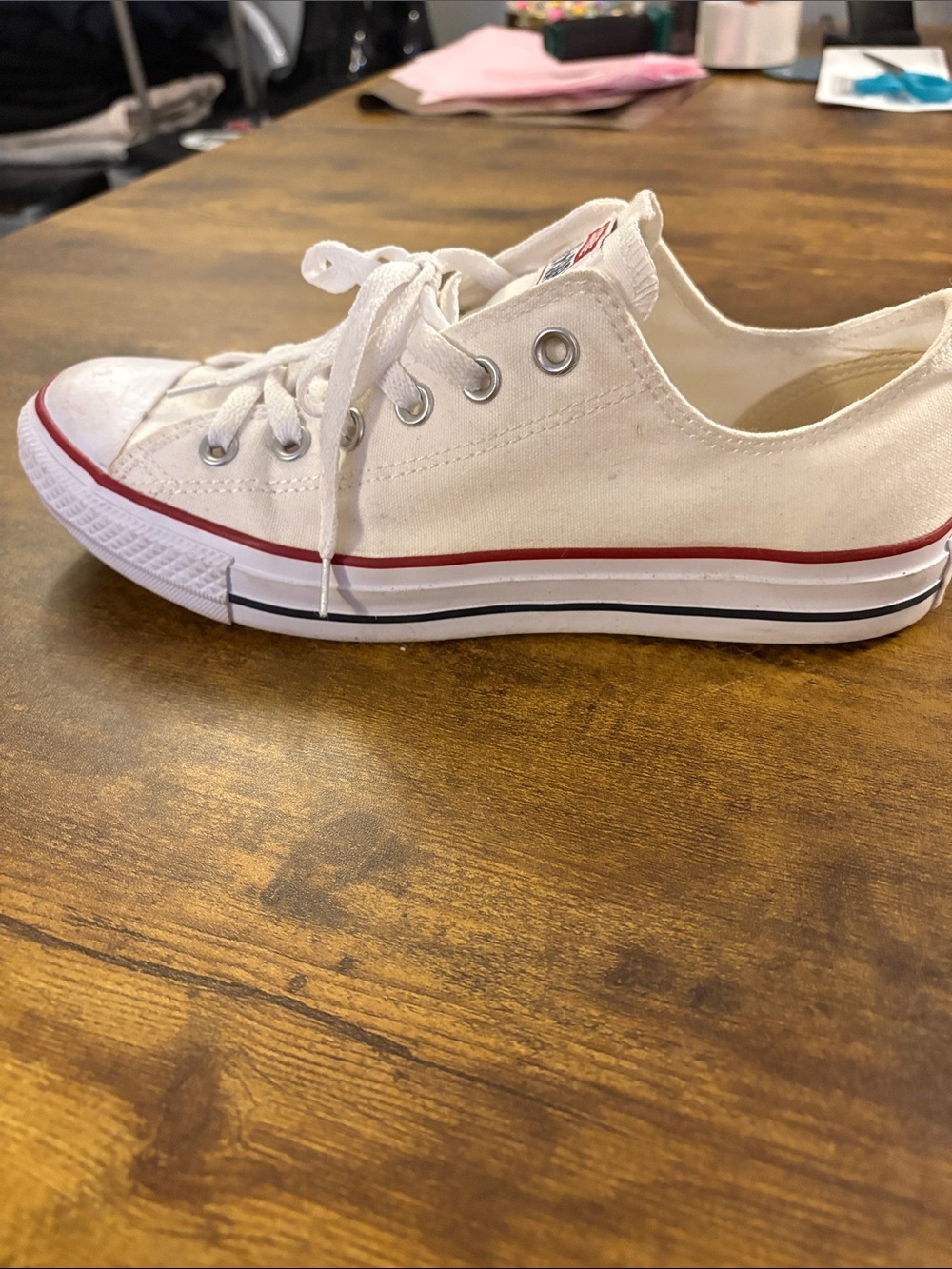 Converse White Canvas Low Top Sneakers with Red Trim - Picture 6 of 8